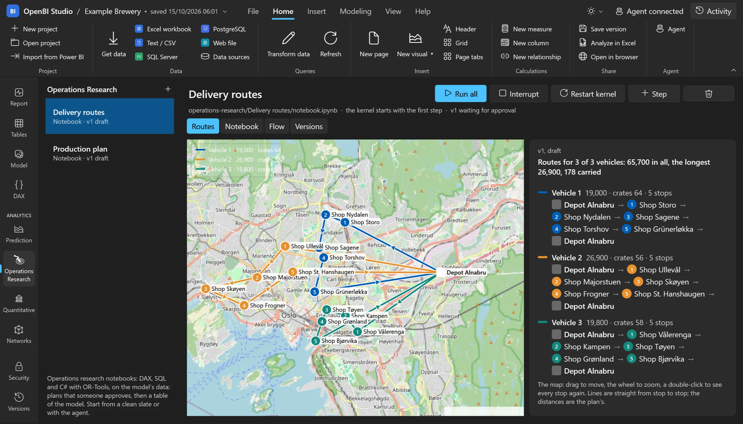 Delivery routes solved by OR-Tools, drawn on a map of Oslo